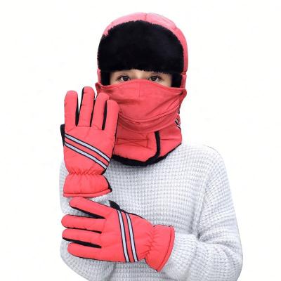 China COMMON Winter Warm Muffler Mask Glove Earflaps Bomber Hat Set Fleece Reflective Ski Stripe Windproof Warm Hat for sale