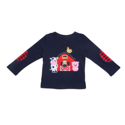 China Wholesale High Quality Spandex/Cotton Autumn Farmhouse Embroidery Navy Knit Material Baby Clothing Set Boys Shirt for sale