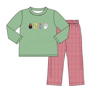 China Baby Boy 1-8T Cotton Fabric Green Color Grid Breathable Pure Red Long Pants 2023 Set Custom Embroidery Items for sale