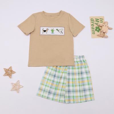 China Breathable Wholesale Lovely Short Embroidery Customs Sets Summer Plaid Pants Baby Boys Clothing for sale