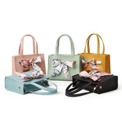 China Accept Small Order Wholesale Female 2021 Crocodile Contrast Color Mini Bag With Silk Scarf Shoulder Messenger Handbag For Women for sale