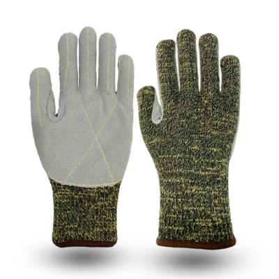 China High Quality Abrasion Resistant Fire Resistant Aramid/High Cut Knitted Heat And Cut Resistant Gloves With Cow Leather Palm for sale