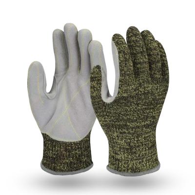 China Fire / Cut Resistant Aramid Knitted Anti Abrasion Palm Leather Cut Heat Resistant Insulation Gloves for sale