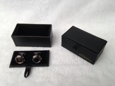 China Black Jewelry Packaging Leather Paper Cufflink Box With Ribbon Cover for sale