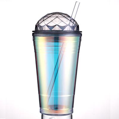 China Leisure 560ml Glitter Cup Wall Plastic Double Sippy Straw Cup Paper Insert for sale