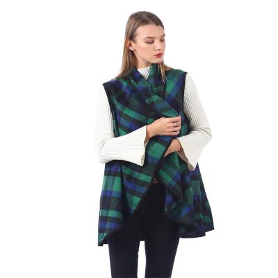 China Acrylic Women's Sleeveless Open Front Hem Plaid Vest Cardigan Cardigan With Pockets for sale