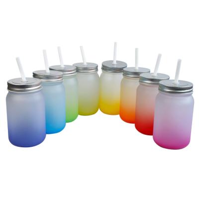 China 16OZ DIY Sublimation Frosted Mugs Juice Bear Gradient Color Cups Mason Jar Drinking Glass Jar Summer With Straw Hole Lids for sale