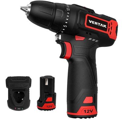 China VERTAK 12V 0.8-10mm Li-ion Battery 2 Variable Speed ​​Augers Handheld Cordless Power Drill for sale