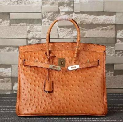 China ladies high quality 35cm orange ostrich grain cowhide leather handbags top selling designer handbags L-RB4-17 for sale