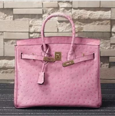 China high quality 35cm pink ostrich print cowhide leather handbags lady designer handbags L-RB4-17 for sale