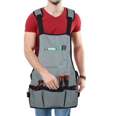 China Work Tool Apron with Bucket 18 Tool Pockets Workshop Apron with Adjust Cross Back Belt Straps for sale