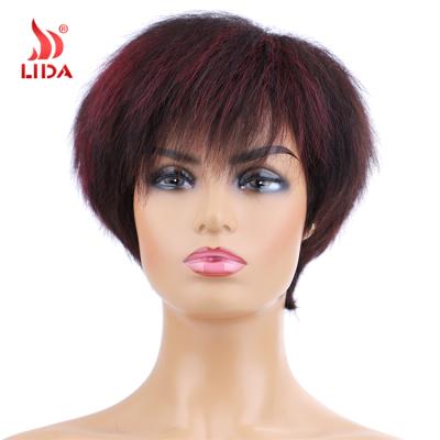 China Lida Brazilian Human Hair Ombre Wig Short Dark Red Color Straight Side Swept Bangs Wig 6452 à venda