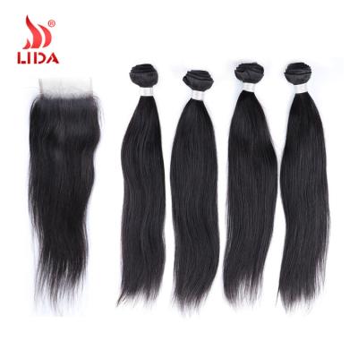 China Lida Brazilian 100% Natural Silky Straight Human Hair Extensions 3+1 Straight Bundele With Closure 8-26 Inches Remy Hair en venta