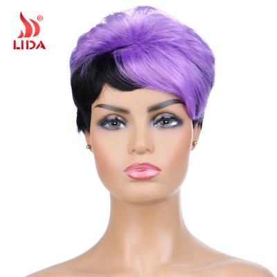 Chine Lida Synthetic Wig Mix Color Straight #FT1B/purple Bob Short Curls Bang Wig Japan Fiber 6517 Blunt Wigs à vendre