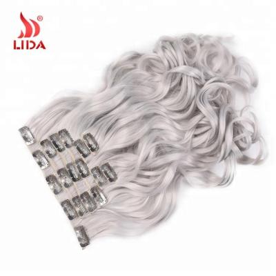 Chine Curly Wavy Curly Curly Clip In Gray Hair Extensions Long Natural Wavy Curly Synthetic Highlight Hair Extensions Wigs 8Pcs/set 20Inch à vendre