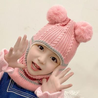 China Popular Warm Multiple Kids Beanie Winter Hat Knitted Hooded Wearing Scarf Knit Pom Pom Earflap Hat Cap Scarves for sale