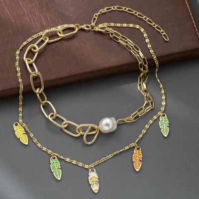 China New CLASSIC Multilayer Pearl Beads Enamel Leaf Charms Necklace Alloy Chain Pendant Necklace For Women Ladies Collar Necklace Jewelry for sale