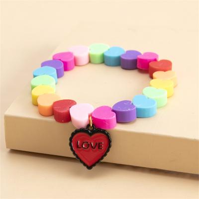 China Polymer Clay Beaded Heart Pendant Bracelet DIY Jewelry Fashion Handmade Colored Enamel Love Alloy Heart Bracelet for sale