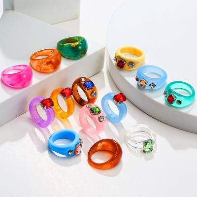 China CLASSIC Mixed Rhinestone Resin Acrylic Rings Set Jelly Fashionable Multicolor Geometric Square Colorful Diamond Round Rings for sale