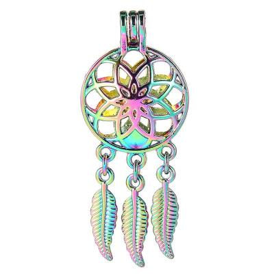 China CLASSIC Luminous Silver Rainbow Ghost Flower Tassel Feather Bead Cage Dangle For Unisex DIY Perfume Diffuser Oil Necklace Jewelry for sale