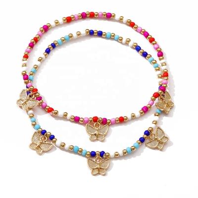 China Fashion 2pcs/set CLASSIC Alloy Rice Butterfly Beads Beach Bohemian Foot Jewelry Dangling Anklet Women's Color Chain Bracelet for sale