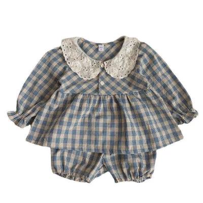 China Chinese Style Autumn New Vintage Design Girls Plaid Blanket Baby Exotic Shorts Top Two Piece Set for sale