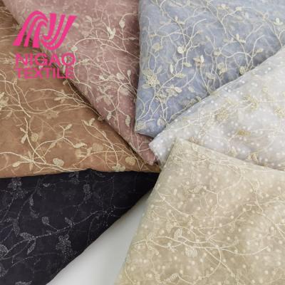 China New Design Embroidery Breathable Tulle Fabric Custom Color Flocked Voile Lace Fabric For Ladies Dress for sale