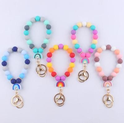 China FASHION Silicone Rainbow Beaded Bracelet Key Chain DIY Wrist Bracelet Key Ring Accessory Female for sale