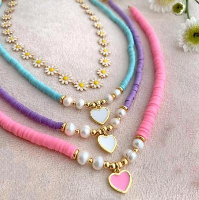 China FASHION Soft Clay Necklace for Women Girls Bohemia Pearl Necklace Enamel Heart Pendant Necklaces Jewelry Accessory for sale