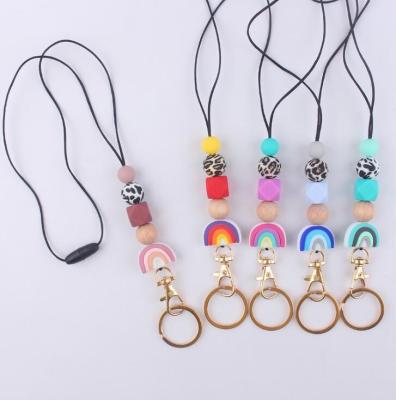 China Fashion Silicone Bead Certificate Strap Lanyard Rainbow Lanyard Beads Pendant Necklace Key Chain Lanyard for sale