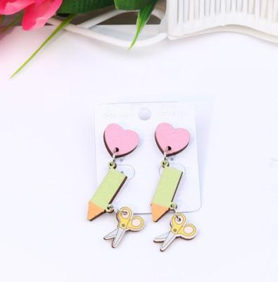 China Wooden Earrings Teacher Heart Stripe Pencil Ace IMAGE PRINT Dangle Earrings Female Gift for sale