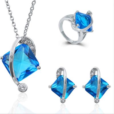 China CLASSIC Hot Selling Square Gem Blue Zircon Ring Necklace Earring Wedding Bride Jewelry Set for sale