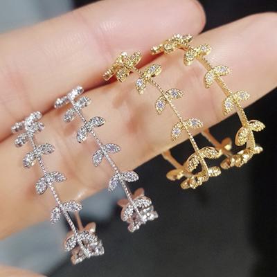 China S925 Needle Zircon Gold Plated Stud Earrings Brass Silver Leaf Female Stud Earrings for sale