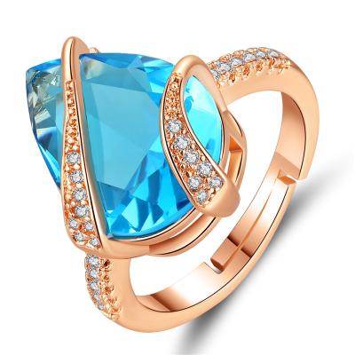 China Sea Copper Blue Zircon Fashion Adjustable Ring Luxury Angel Tears Ring For Women Rose Gold Ring for sale