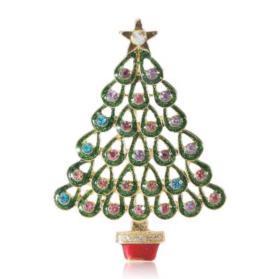 China ALLOY Mini Christmas Tree Brooch Coat Dress Lady Sparkly Colorful Crystal Hollowe Brooch for sale