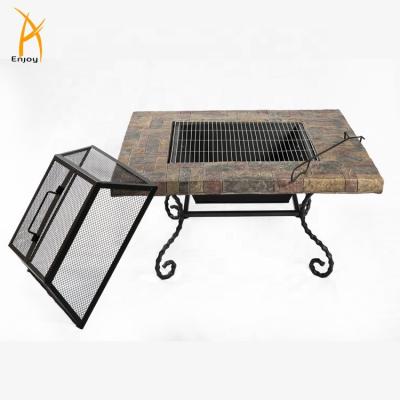 China Stocked Outdoor Wood Fire Pit Table MgO Firepit Square Table Top With Steel Legs for sale