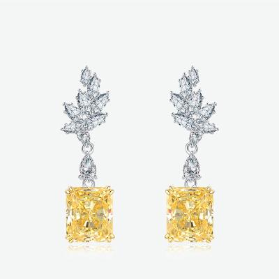 China 2022 Vintage 2022 Luxury Large Rectangle Cut Zirconia Silver 925 Brilliant Yellow Diamond 11mm*13mm Earring for sale