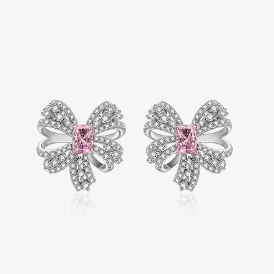 China 2022 fashion trend vintage fashion pink silver zircon diamond micro-set 5A retro classic s925 bow earring stud for sale