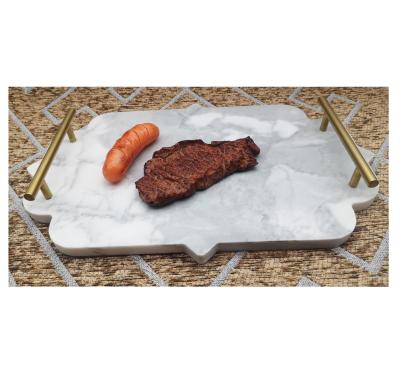 China Home& hotel& bar& Restaurant Easy Carry Houseware Customization Irregular Shape 100% Natural Stone Marble Tray With Metal Handles for sale