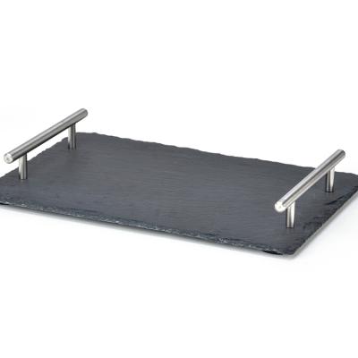 China Hot Selling Wholesale Tableware Sustainable Slate Serving Tray With Stainless Steel Handles for sale