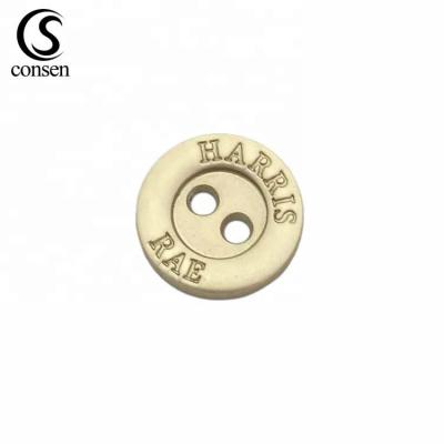 China Dry Cleaning 2 Hole Design Letter Logo Debump Metal Stitching Custom Buttons For Coat for sale