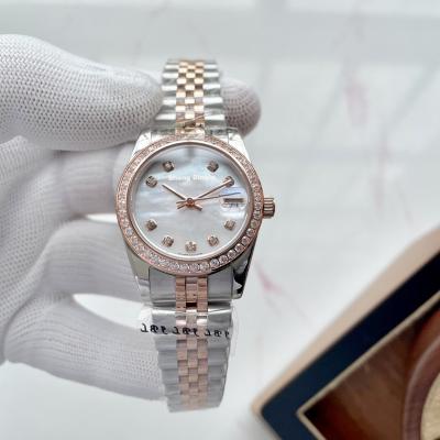 China Automatic Date Lady 28MM Luxury Diamond Pink Scale Rose Gold Bezel Silver Case Fashion Custom Logo Automatic Mechanical Watch for sale