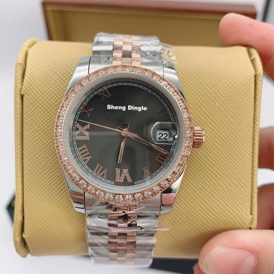 China Luxury Automatic Rose Silver Case Diamond Bezel Date 778 Roman Numeral Scale Roman Mechanical Watch for sale