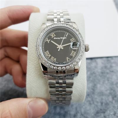 China Lady 32MM Diamond Silver Bezel Silver Bezel Automatic Clear Dial Luxury Black Dial Date 735 Scale Roman Numeral Mechanical Watch for sale