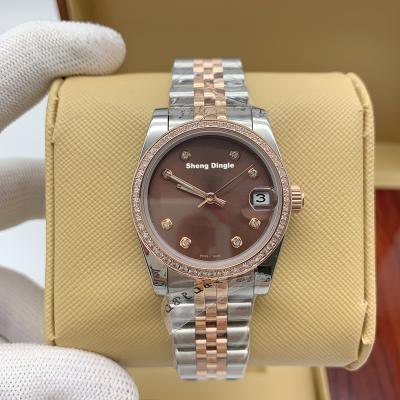 China Automatic Date 707 Luxury Lady Rose Gold Diamond Bezel Silver Case Brown Dial Fashion Mechanical Watch for sale