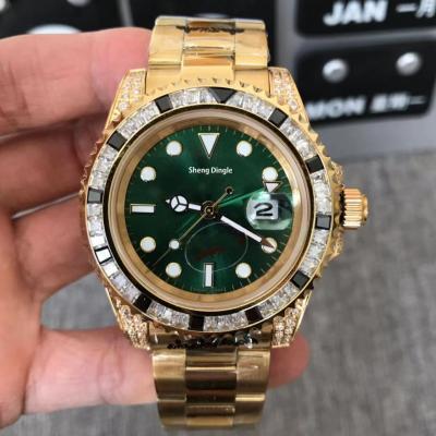 China Automatic GMT Date 374 Diamond Bezel Gold Case Green Dial Luxury Sport Mechanical Watch for sale