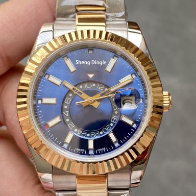 China SKY 5833A 953 date display stainless steel 24 hour movement gold oyster bezel automatic silver blue dial case mechanical watch for sale