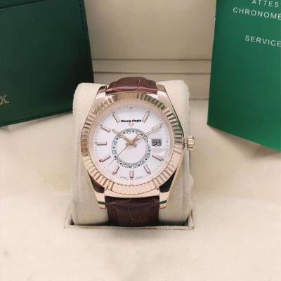 China SKY Automatic Luxury Mounted Gold Stainless Steel Case Under Dial Mechanical Watch Custom Logo White Rotatable Leather Band for sale