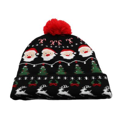 China COMMON Winter Acrylic Beanie Hats Christmas Pattern Pompom Knitted Outdoor Jacquard Skull Caps LED Beanie Hats for sale