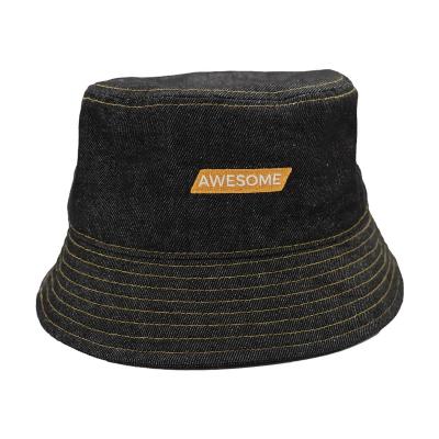 China Fashion\comfortable\durable High Quality Denim Bucket Hat With Contrast Sewing Thread Cotton Custom Flat Embroidery Fishing Bucket Hat for sale